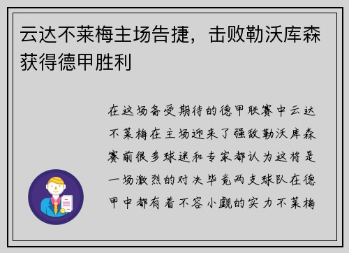 云达不莱梅主场告捷，击败勒沃库森获得德甲胜利