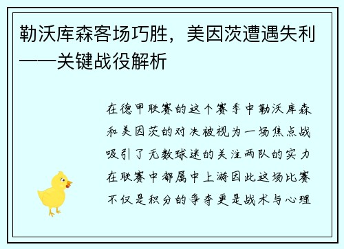 勒沃库森客场巧胜，美因茨遭遇失利——关键战役解析