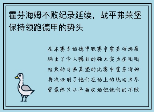 霍芬海姆不败纪录延续，战平弗莱堡保持领跑德甲的势头